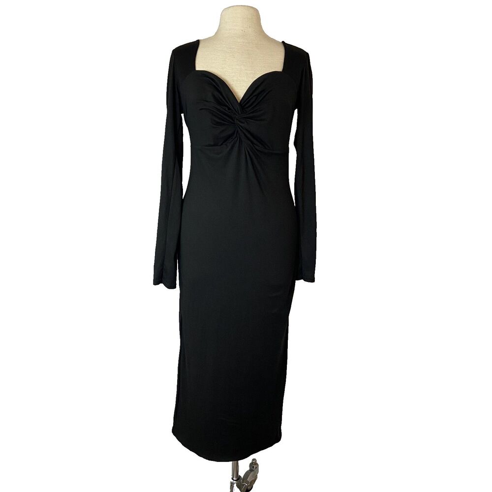 CLUB L London Black  Bodycon Midi Dress Sz 12 Morticia Addams Gothic Glam Witchy